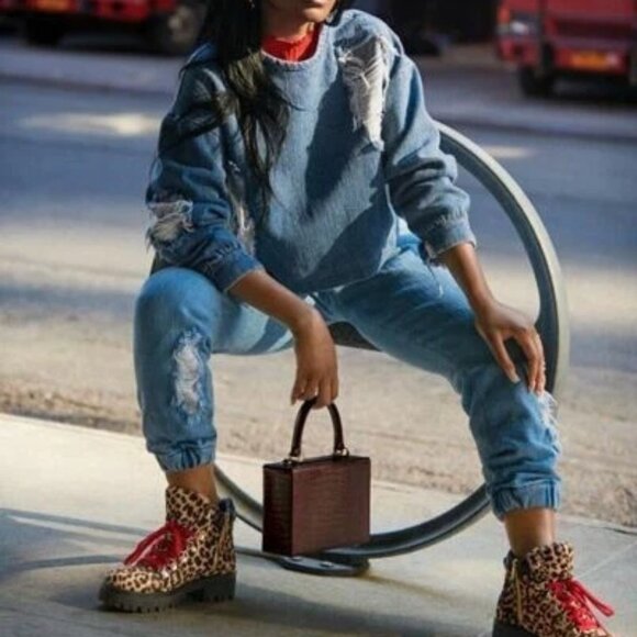 Designer Fall/Winter 2018 Ready-To-Wear Collection Distressed Denim Sweater - Picture 5 of 6